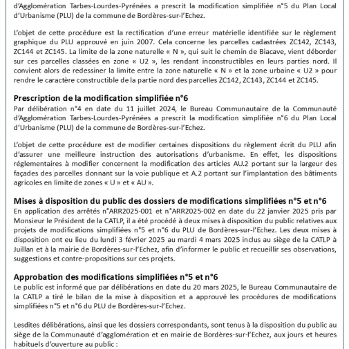 Modification simplifiée n°5 et modification simplifiée n°6 du Plan Local d’Urbanisme de la commune de Bordères-sur-l’Echez